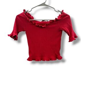 Reformation Ribbed Off Shoulder Crop Top Womens S Red Lettuce Trim Fitted